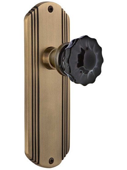 Streamline Deco Door Set with Colored Fluted Crystal Glass Knobs Black in Antique Brass.